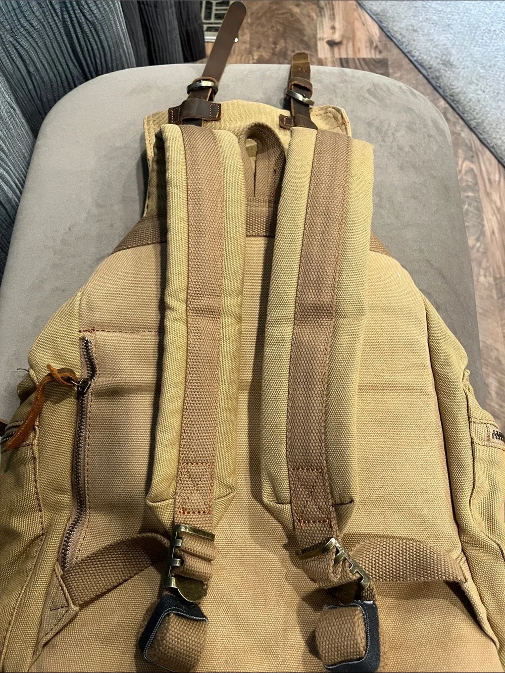 Augur Jan Khaki Canvas Drawstring Backpack with Brown Leather Accents
